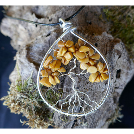 Arbre de vIe en Jaspe Jaune, Pendentif en Pierre Jaune, Chakra du plexus solaire, Creation LE SAULE REVEUR