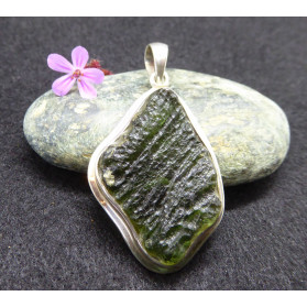 Moldavite Silver Pendant with a free shape