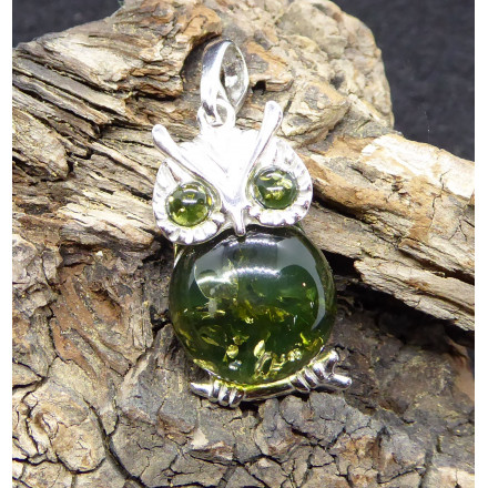 Pendentif Chouette en Ambre Vert et Argent