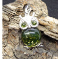 Pendentif Chouette en Ambre Vert et Argent